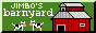 a green button with two cows and a barn. the text says jimbo's barnyard.