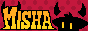 a button with a red background that says misha. there is a cat-like creature with horns on the right.