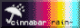 a button with a black, red, yellow, to blue gradient. there is a white umbrella on the left. the text reads cinnabar rain.