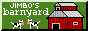 a greeen button with two cows and a barn. the text says jimbo's barnyard.