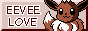 a light brown button that says eevee love. an eevee is on the right.