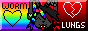 a button linking to the website worm lungs. the button is half rainbow and half red, with a feline furry character in the middle.