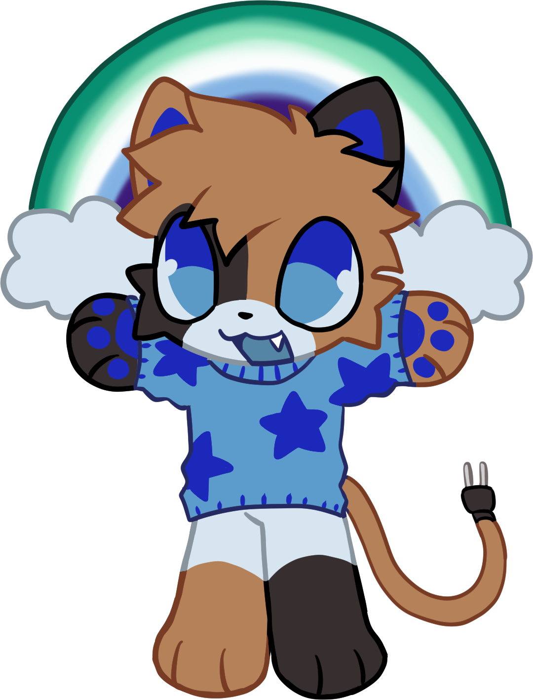 an image of my calico cat fursona with a rainbow above his head. the rainbow is the colors of the mlm (gay) flag.