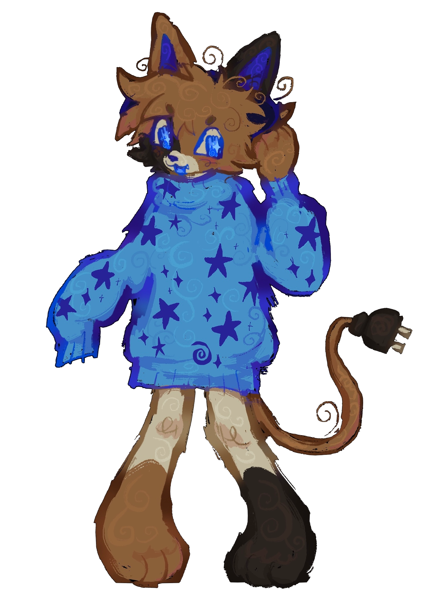 art of my fursona, a calico cat, holding his head with one paw while listening to music