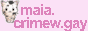 a button linking to the website of maia crimew. it has a light pink background and a cat on the left.